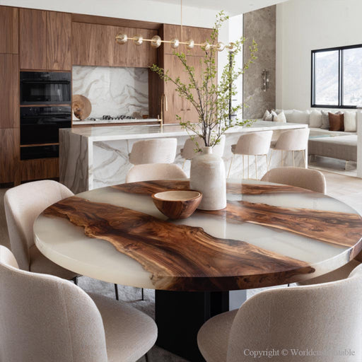 Ivory Horizon epoxy table as centerpiece in bright modern dining room