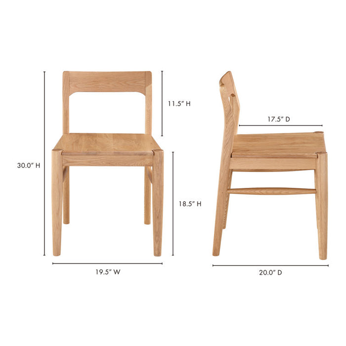 Wooden chair with dimensions labeled on a white background