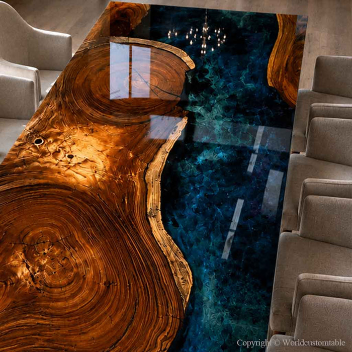 Custom walnut resin dining table with a deep blue epoxy center, showcasing unique grain patterns and refined craftsmanship.