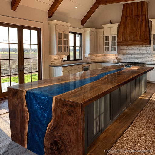 A large kitchen island with a thick live-edge wood countertop and a vivid blue river-style inlay, set in a bright modern kitchen with white cabinets, wood beams, and a window overlooking a field.