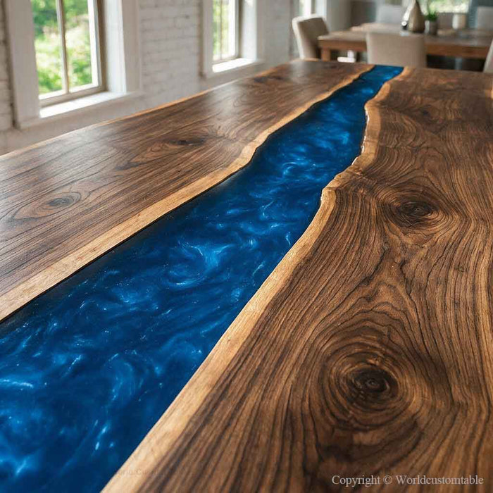 A close-up of a live-edge wooden table featuring a vibrant, swirling blue resin channel running down the center, with warm brown wood grain visible on both sides. The table is set in a bright, modern dining room with white brick walls and large windows.