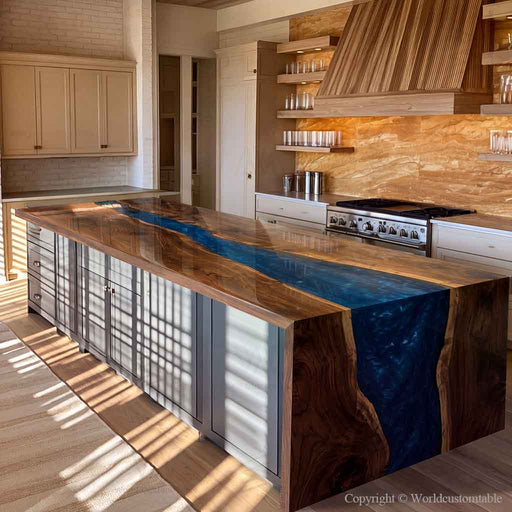 A large kitchen island with a glossy dark wood top and a vivid blue resin river running through the center, set in a modern kitchen with wood cabinetry and backsplash.