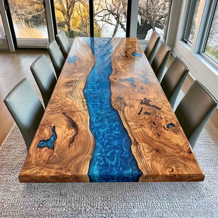 Black Walnut Epoxy River Dining Table with Blue Resin Design - K02