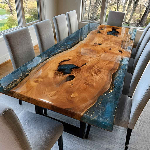 A large rectangular live-edge wooden table with a glossy resin top showing natural wood grain, knots, and blue-green edges, surrounded by light gray upholstered dining chairs in a bright room with large windows.