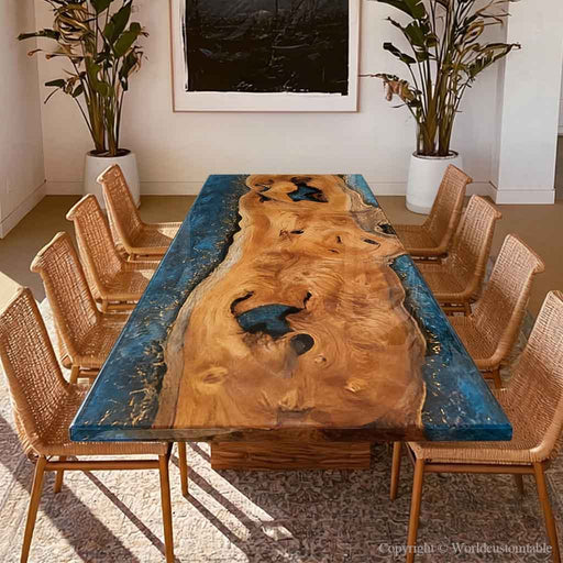 A long live-edge wooden dining table with a rich natural wood grain and dark resin channels, surrounded by woven rattan chairs in a bright, modern dining room.