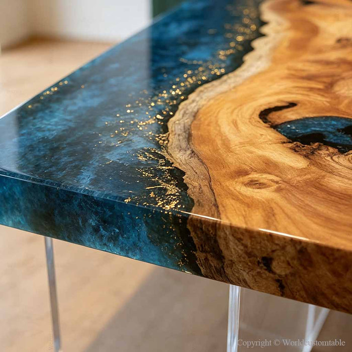 Made-to-order live edge epoxy resin dining table customized in size, resin color, edge style, and base options.