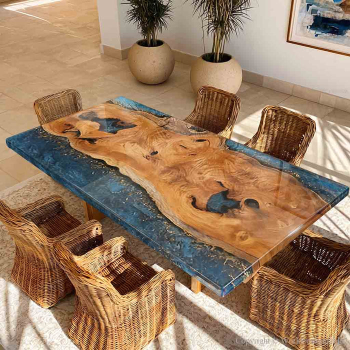 Close-up view of the live edge black walnut river table showing unique wood textures, organic edges, and deep blue epoxy resin details.