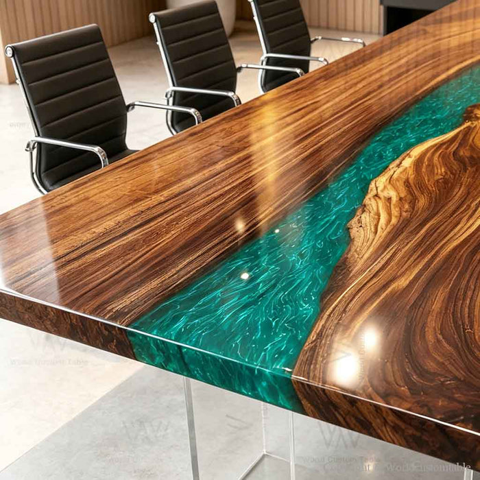 Custom walnut epoxy resin dining table designed with a unique green resin center and handcrafted details for contemporary interiors.