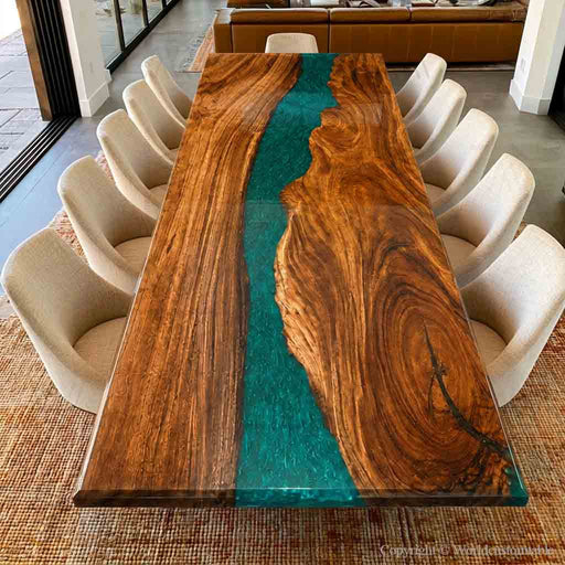 Emerald River walnut epoxy resin dining table featuring natural wood grain and a flowing green resin river design, handcrafted as a modern statement piece.