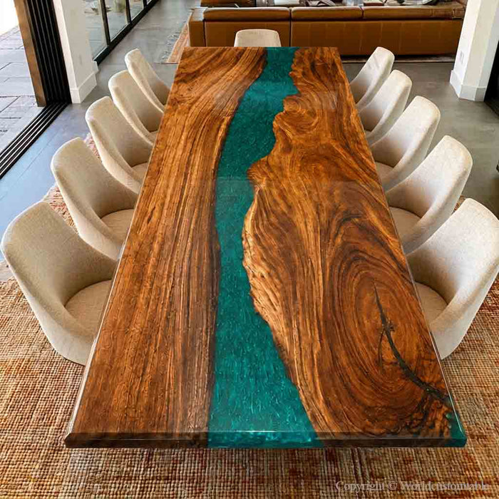 Emerald River walnut epoxy resin dining table featuring natural wood grain and a flowing green resin river design, handcrafted as a modern statement piece.