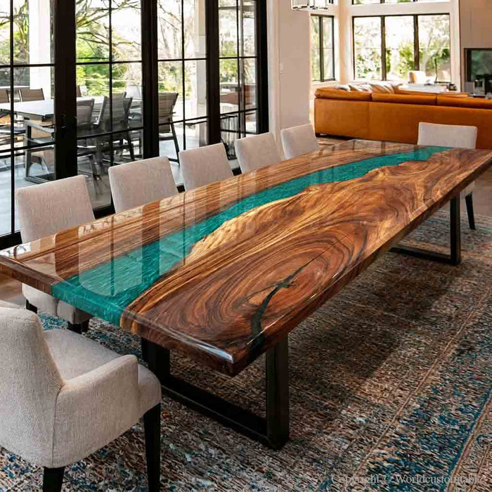 Live edge walnut river table showcasing organic wood edges, rich grain patterns, and translucent emerald epoxy resin details.