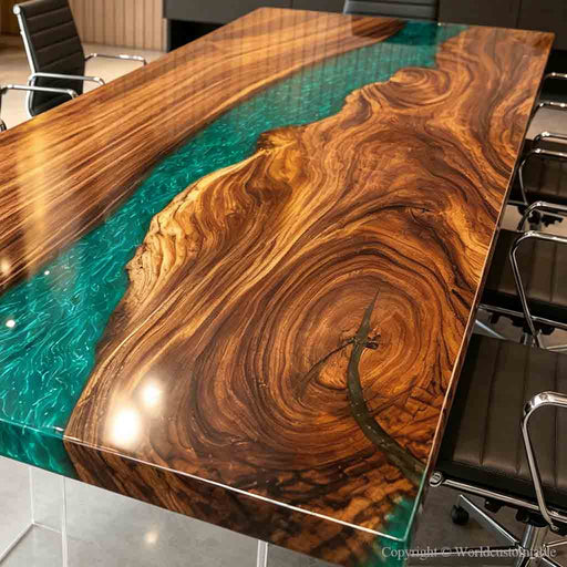 Solid walnut resin table highlighting the natural texture, dramatic grain variations, and artistic character of premium hardwood.