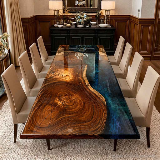 Azure River walnut epoxy resin dining table featuring natural wood grain and a flowing blue resin river, creating a modern handcrafted centerpiece.