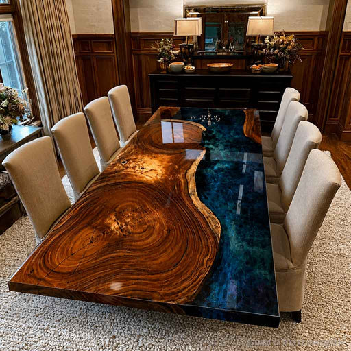 Walnut blue epoxy river table placed in an elegant dining space, highlighting the contrast between natural wood and translucent resin.