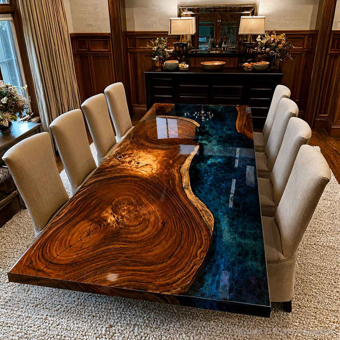Walnut blue epoxy river table placed in an elegant dining space, highlighting the contrast between natural wood and translucent resin.