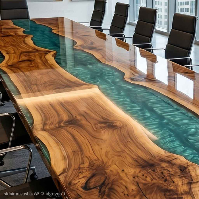 Custom black walnut dining table featuring a flowing teal epoxy river design and premium glossy finish.