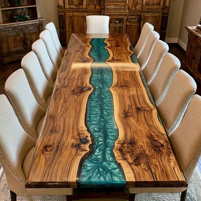 Handcrafted epoxy resin dining table made with a solid walnut slab and unique natural edge details.