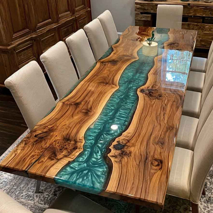 Live edge walnut river table placed in an elegant dining room, showcasing natural wood grain and resin artistry.
