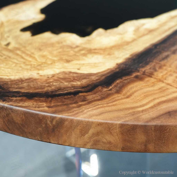 Luxury walnut wood coffee table featuring handcrafted resin furniture design