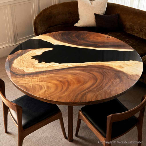 Round walnut epoxy coffee table with black resin for modern living room decor