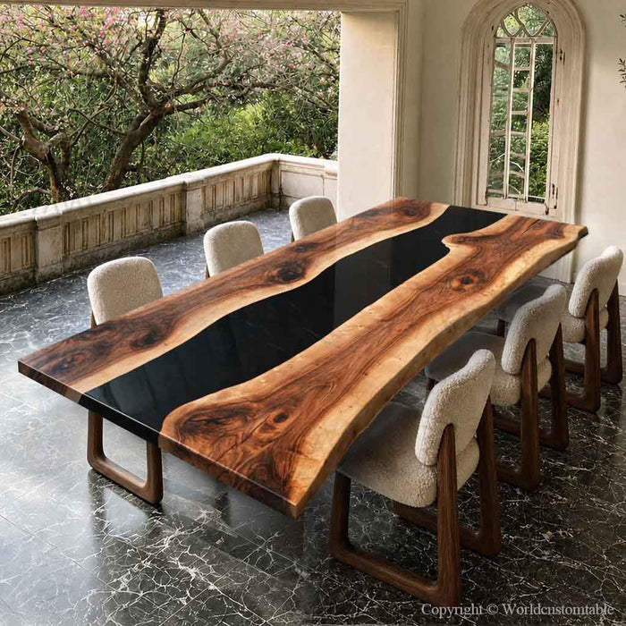 Custom black walnut dining table featuring handcrafted black epoxy resin details