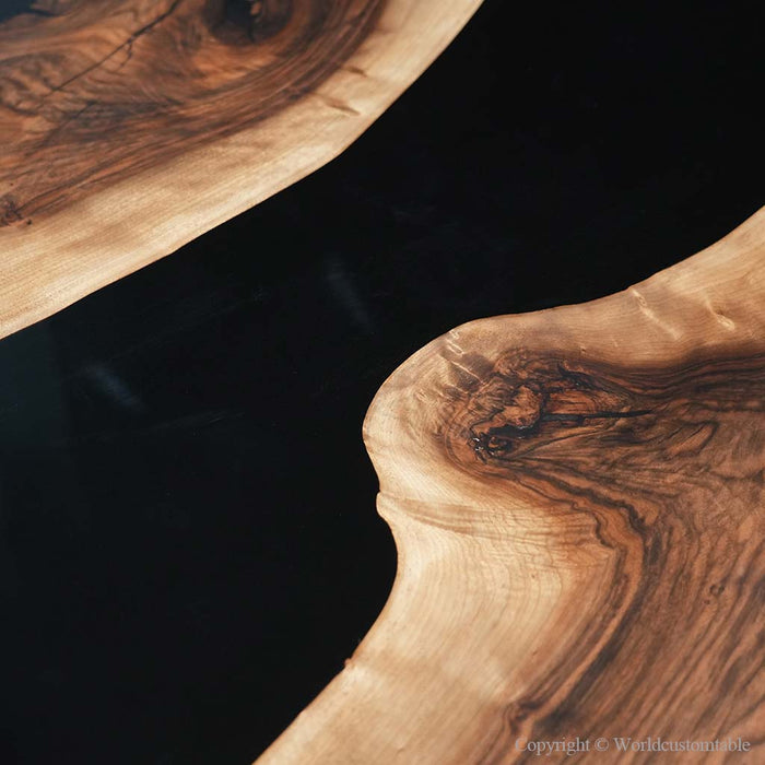 Modern epoxy dining table with black walnut wood and custom resin craftsmanship