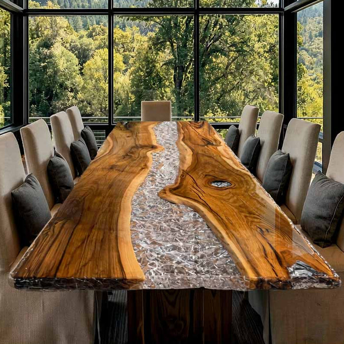 Modern custom river table designed with premium walnut wood and clear epoxy resin for elegant dining spaces.