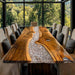 Modern custom river table designed with premium walnut wood and clear epoxy resin for elegant dining spaces.