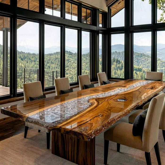 Glossy epoxy resin surface with an ice-inspired transparent finish highlighting the depth of the tabletop.