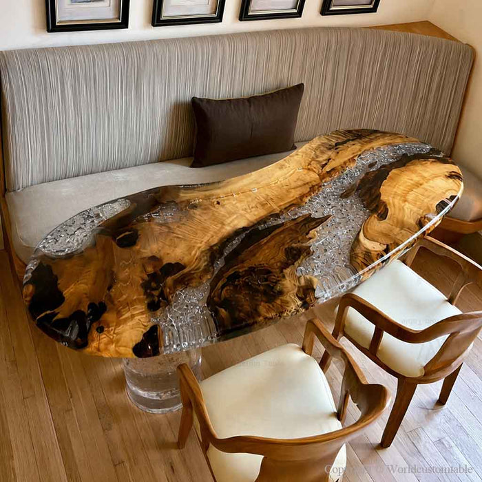 Handcrafted resin river table made with premium golden camphor wood and crystal-clear epoxy resin.