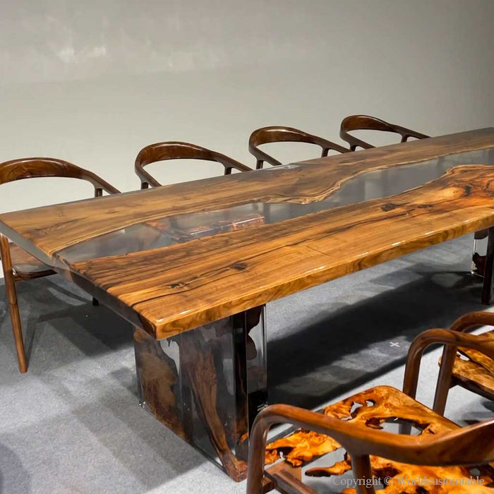 High-gloss epoxy surface creates a glass-like effect while enhancing the beauty of the walnut wood.