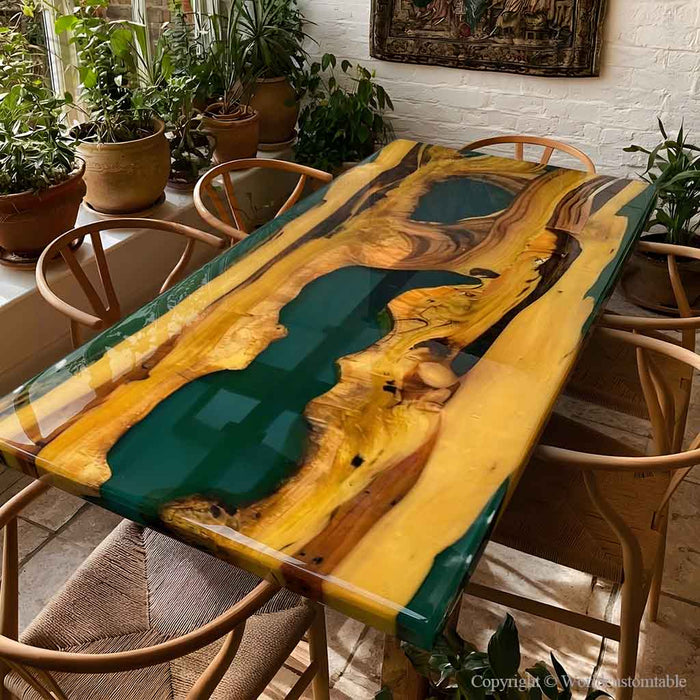 Custom golden camphor dining table featuring a flowing green epoxy river and natural wood grain patterns.