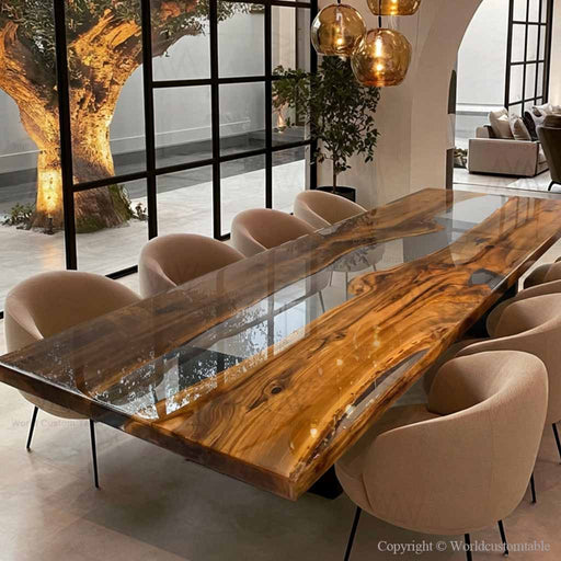 Live edge walnut resin river table showcasing natural wood grain and transparent epoxy artistry.
