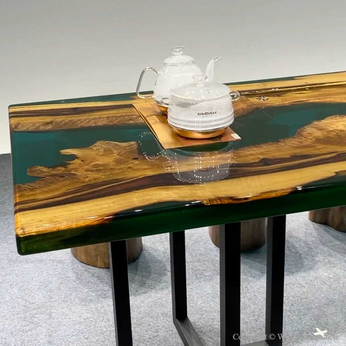 Artisan crafted epoxy resin table featuring a premium wood slab, glossy finish, and one-of-a-kind details.