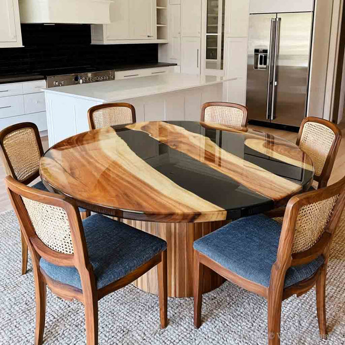 Handmade luxury walnut resin dining table with artistic black epoxy details