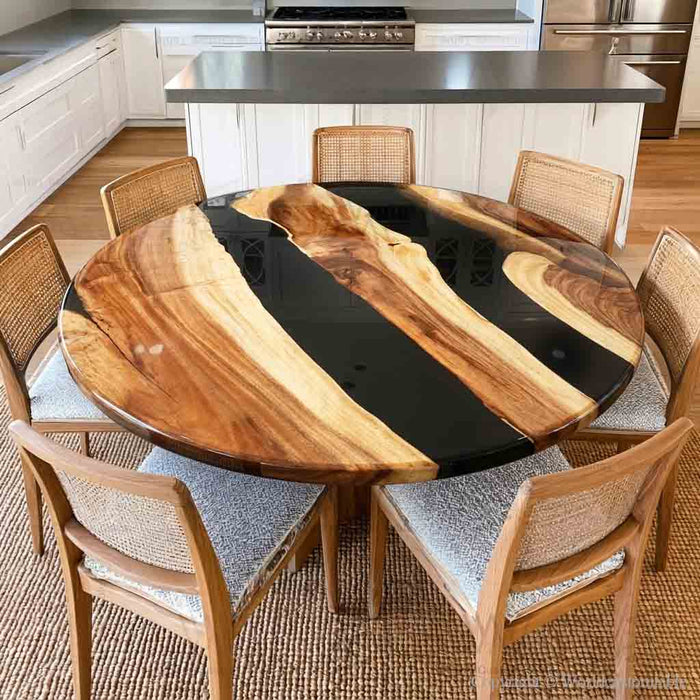 Round walnut epoxy dining table with black resin finish for modern dining room