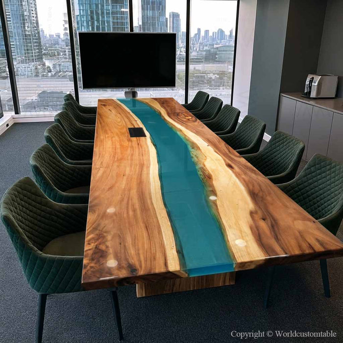 Live edge walnut boardroom table featuring built in power outlet