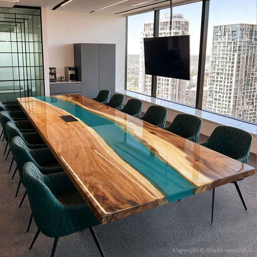 Walnut epoxy conference table with blue green resin river design