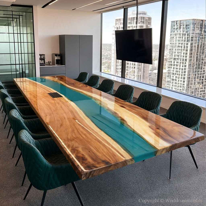 Walnut epoxy conference table with blue green resin river design