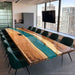Walnut epoxy conference table with blue green resin river design