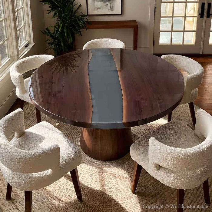 Custom live edge walnut dining table with gray epoxy resin river