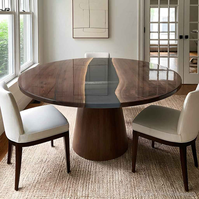 Round walnut epoxy dining table with smoky gray resin design