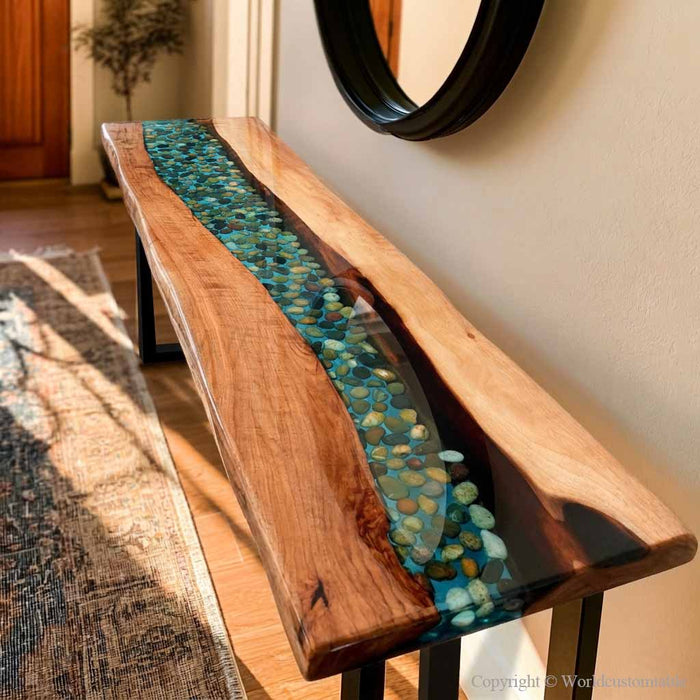 Black walnut epoxy console table with blue green resin stone design for modern entryway