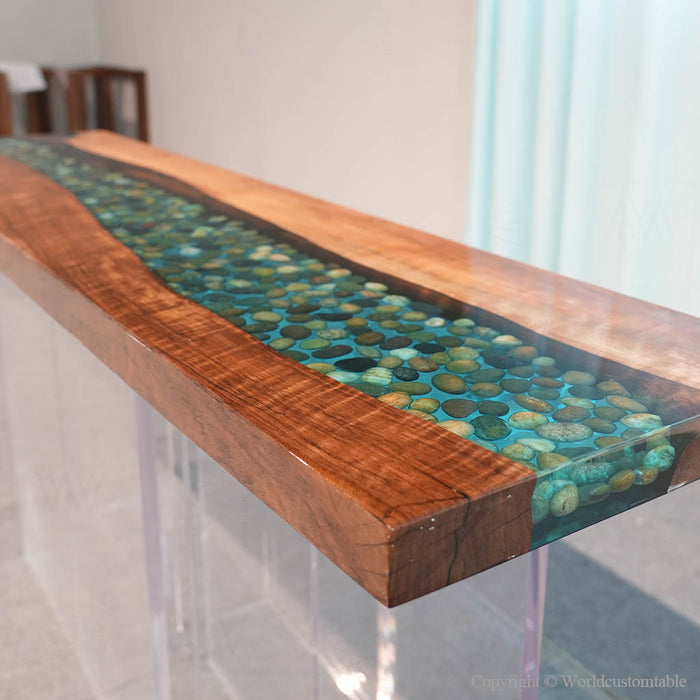Modern epoxy entry table design with walnut wood and turquoise resin accents