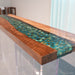 Modern epoxy entry table design with walnut wood and turquoise resin accents