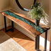 Handmade walnut console table featuring ocean blue green epoxy and natural stone effect