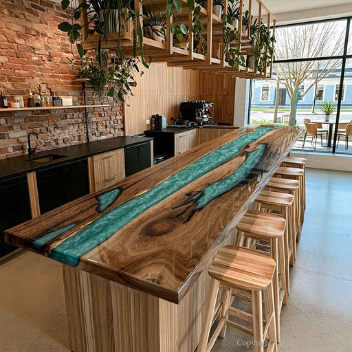 Black walnut epoxy bar top with a striking teal vortex resin design