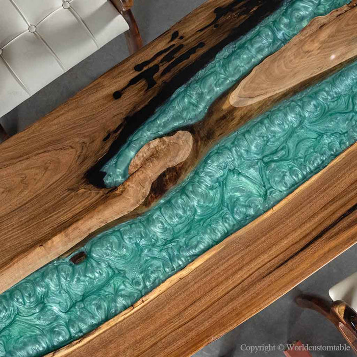 Custom teal resin bar top crafted from natural black walnut wood