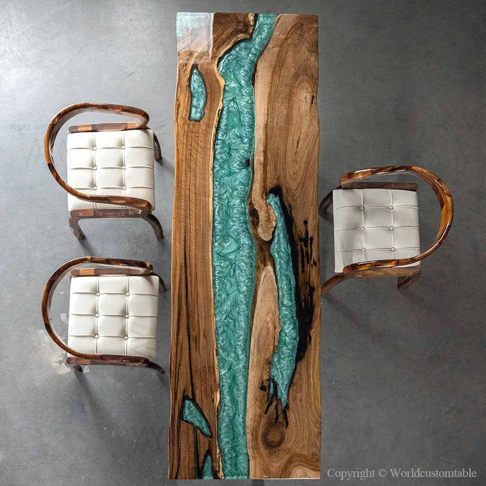 Live edge black walnut epoxy bar top with artistic teal resin