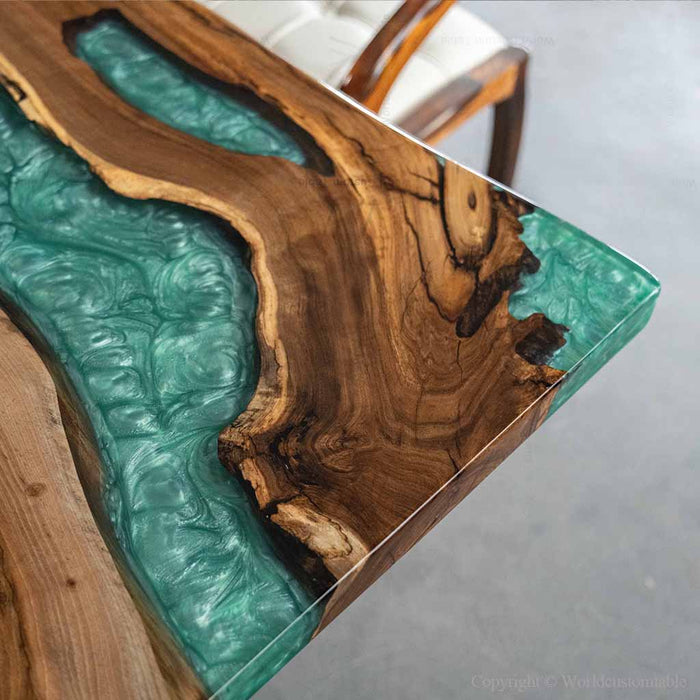 Black walnut bar table featuring a dynamic teal vortex resin pattern
